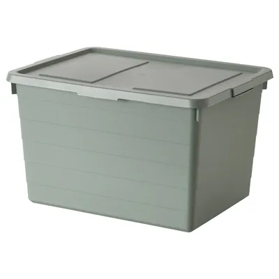 SOCKERBIT storage box with lid, grey-green, 38x51x, 00514071