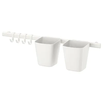 SUNNERSTA Rail with 4 hooks and 2 containers, white, 10455151
