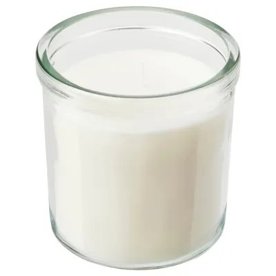JAMLIK Scented candle in glass, Vanilla/light beige 40 hr, 50502179