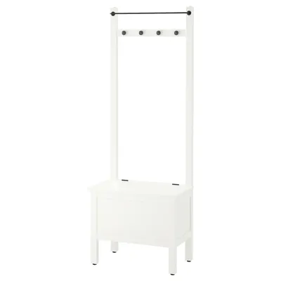 HEMNES Storage bench w towel rail/4 hooks, white, 64x37x173 cm, 90396657