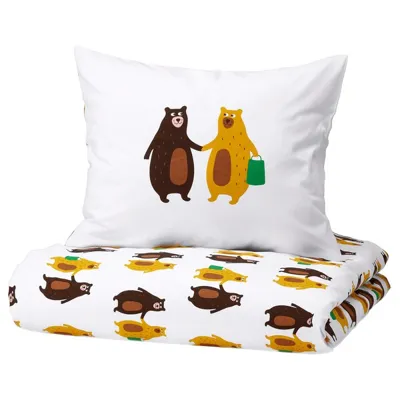 BRUMMIG Duvet cover and pillowcase, bear pattern yellow/brown, 150x200/50x80 cm, 70521148