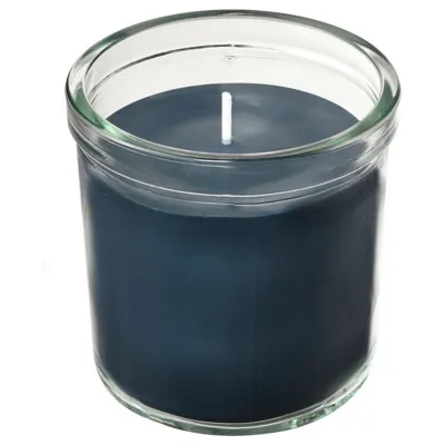 FRUKTSKOG Scented candle in glass, Vetiver & geranium/black-turquoise, 40 hr, 70555831