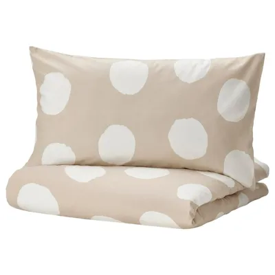 KLYNNETAG Duvet cover and 2 pillowcases, beige/white/dotted, 200x200/50x80 cm, 60524840