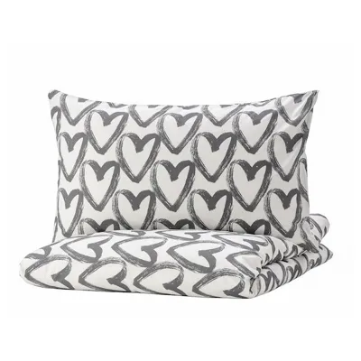 LYKTFIBBLA Duvet cover and 2 pillowcases, white/grey, 200x200/50x80 cm, 40477910