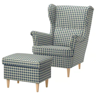 STRANDMON Wing chair with footstool, Sulviken blue/beige, 99590344