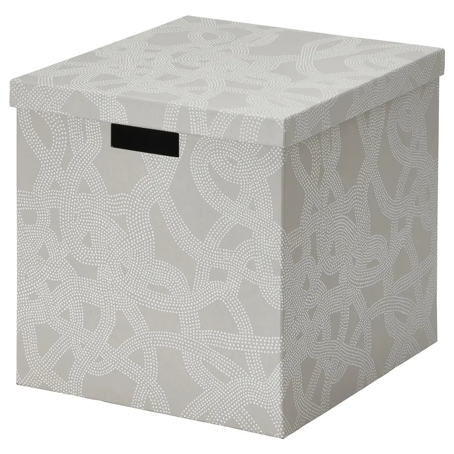 TJENA Storage box with lid, patterned/beige 32x35x32 cm, 60511748