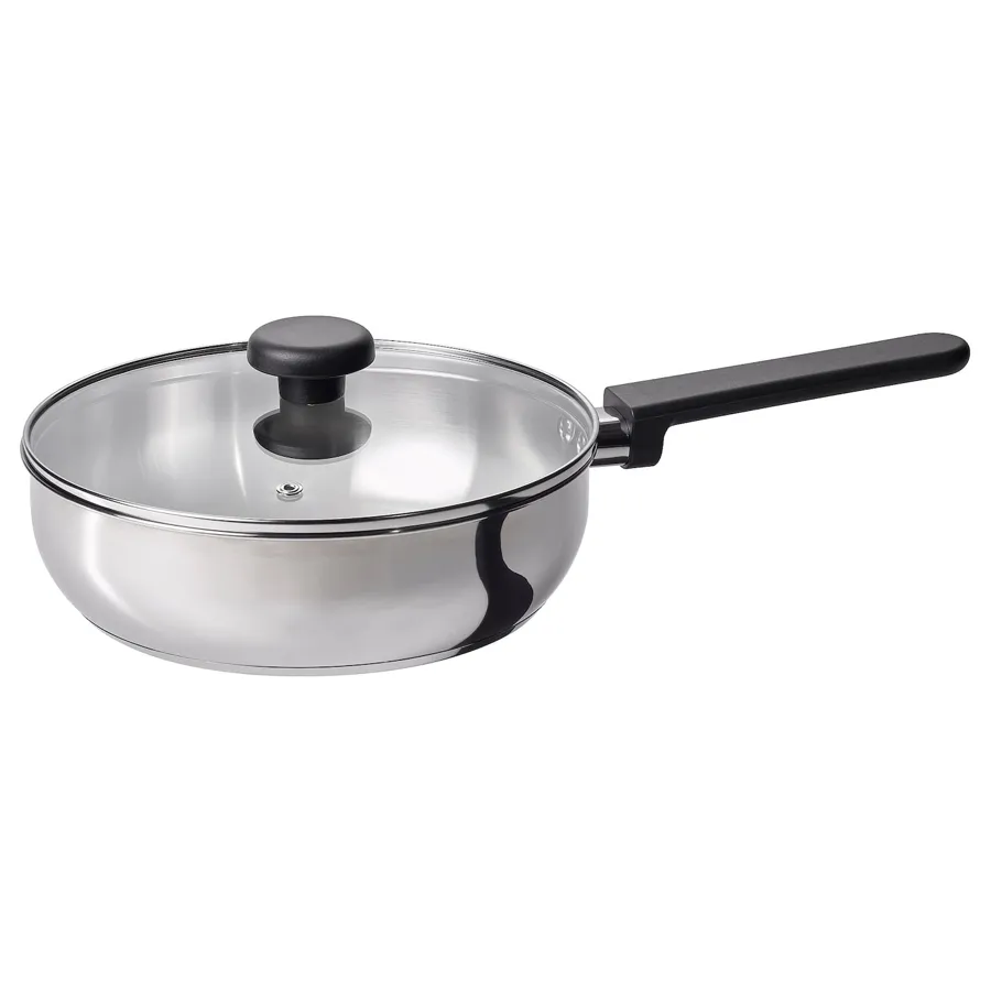 MIDDAGSMAT saucepan with lid, clear glass/stainless steel, 24 cm, 60545220