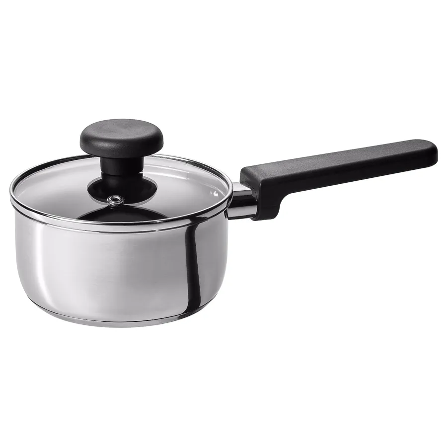 MIDDAGSMAT saucepan with lid, non-stick coating clear glass/stainless steel, 1 l, 70463704