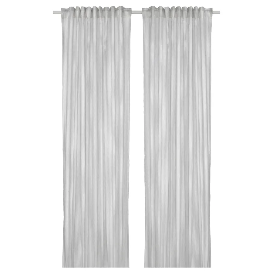 BYMOTT Curtains, 1 pair, white/light grey striped 120x250 cm, 80466684