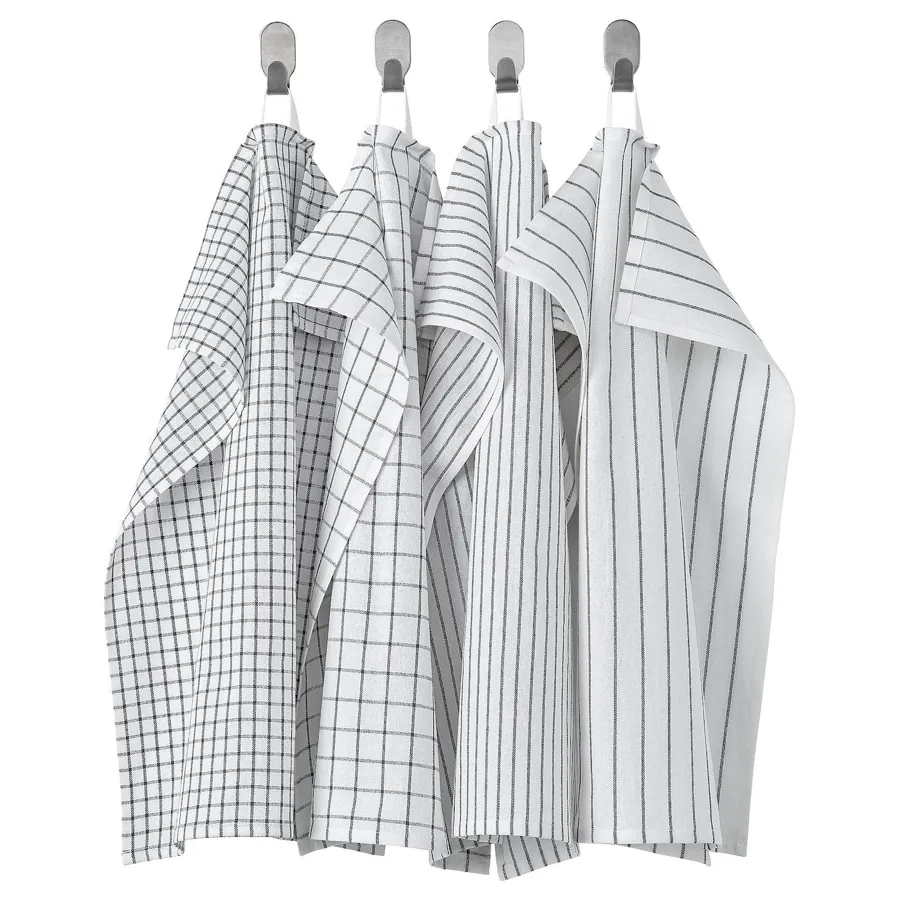RINNIG Tea towel, white/dark grey/patterned 45x60 cm, 80476348