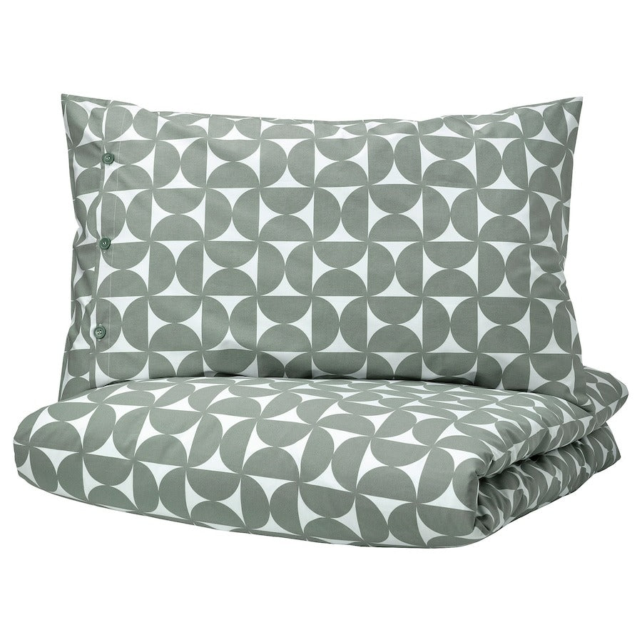 ANGSNEJLIKA Duvet cover and 2 pillowcases, grey/green, 200x200/50x80 cm, 30541087