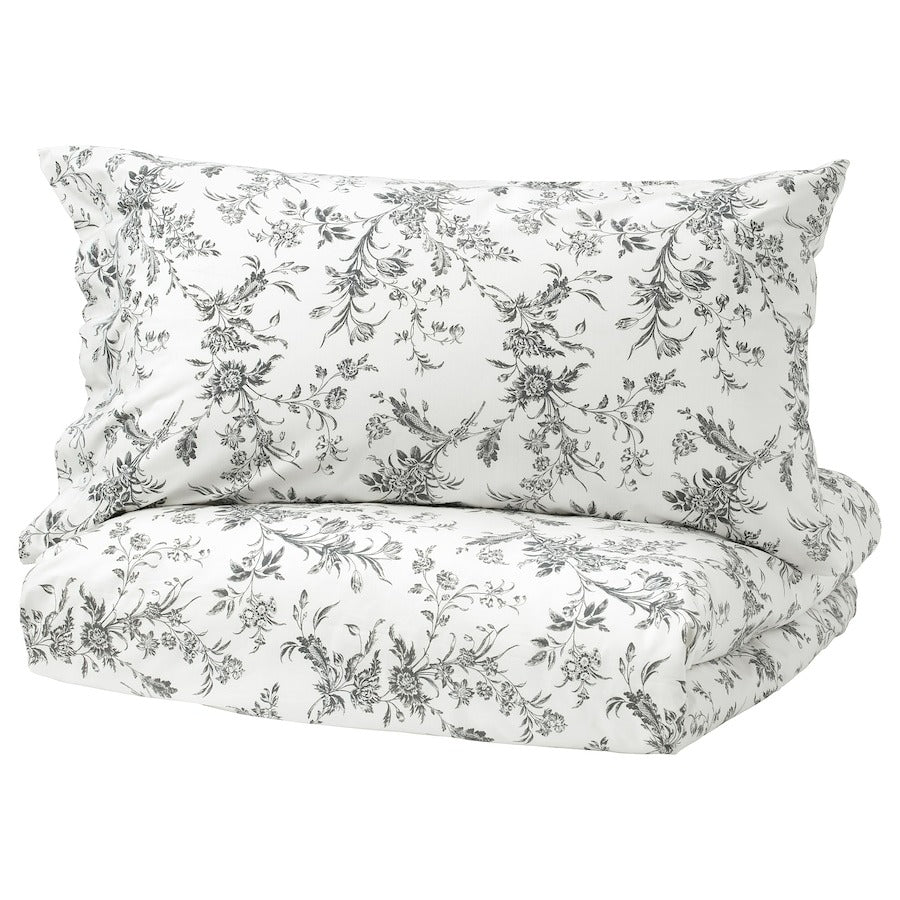ALVINE KVIST Duvet cover and 2 pillowcases, white/grey, 200x200/50x80 cm, 90479068