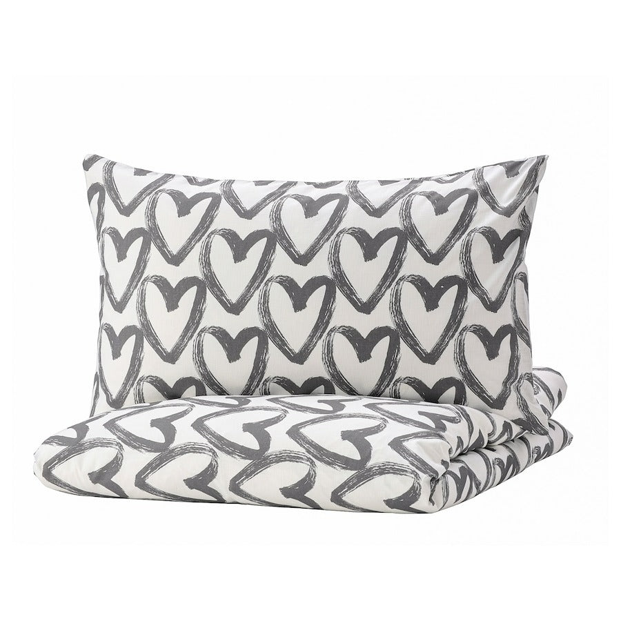 LYKTFIBBLA Duvet cover and pillowcase, white/grey, 150x200/50x80 cm, 40466426