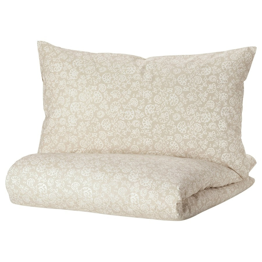 TRINDSTARR Duvet cover and 2 pillowcases, beige/white, 200x200/50x80 cm, 10493233