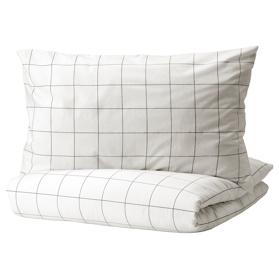 VITKLOVER Duvet cover and 2 pillowcases, white black/check, 240x220/50x80 cm, 10490654